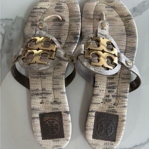 Tory Burch Textured Sandals with Gold Emblem